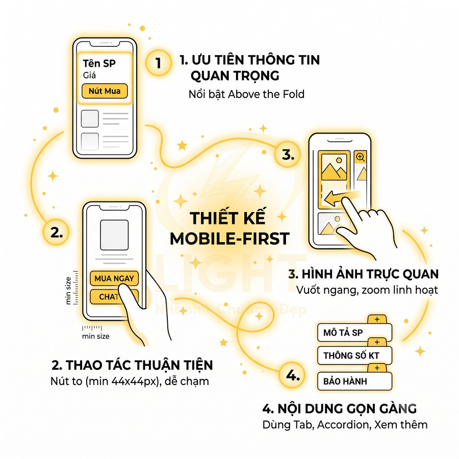 Thiết kế giao diện bán hàng mobile first với nút mua ngay, chat và hình ảnh sản phẩm trực quan