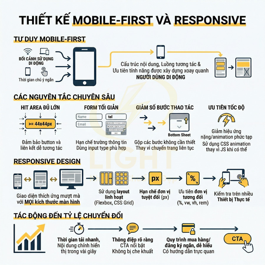 Thiết kế mobile first và responsive với nguyên tắc tối ưu giao diện, tốc độ và chuyển đổi trên thiết bị di động