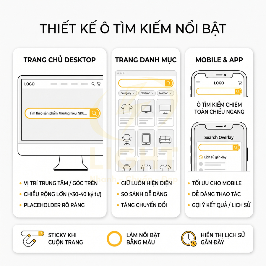 Thiết kế ô tìm kiếm nổi bật cho website và app với thanh search lớn, màu vàng, dễ thấy trên desktop và mobile