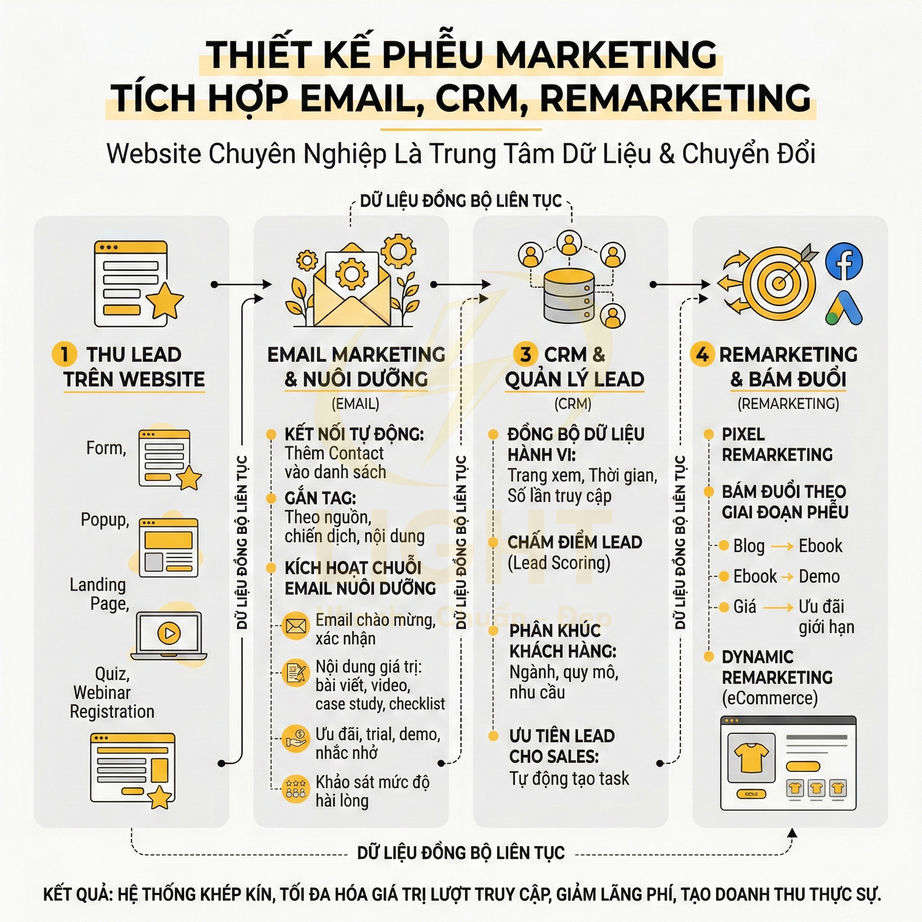 Thiết kế phễu marketing tích hợp email, CRM, remarketing tối ưu thu lead và chuyển đổi trên website