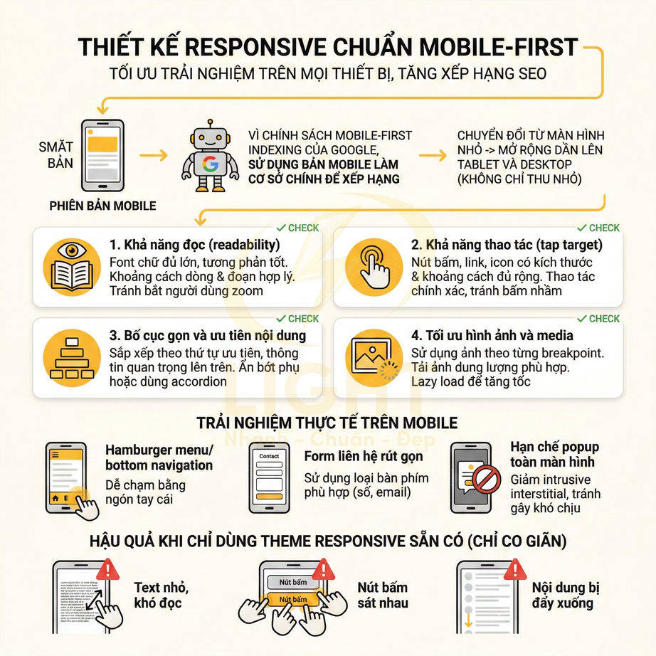 Infographic hướng dẫn thiết kế website responsive chuẩn mobile first tối ưu trải nghiệm và SEO trên thiết bị di động