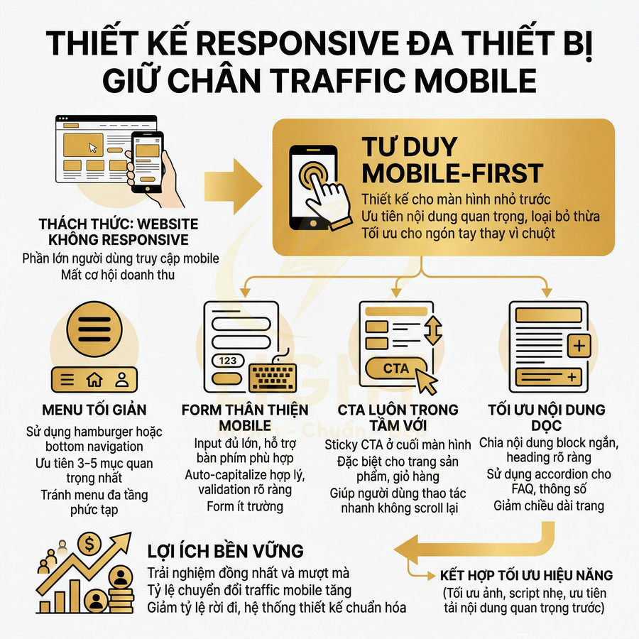 Infographic hướng dẫn thiết kế website responsive đa thiết bị với tư duy mobile first và tối ưu trải nghiệm người dùng