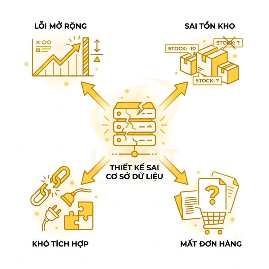 Thiết kế sai cơ sở dữ liệu gây lỗi mở rộng, sai tồn kho, khó tích hợp và mất đơn hàng trong hệ thống quản lý