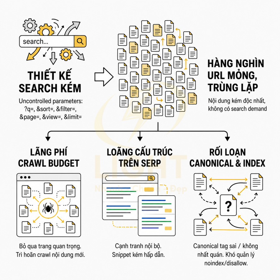 Infographic mô tả hậu quả thiết kế search kém trong SEO: URL mỏng trùng lặp, lãng phí crawl budget, rối loạn canonical và index