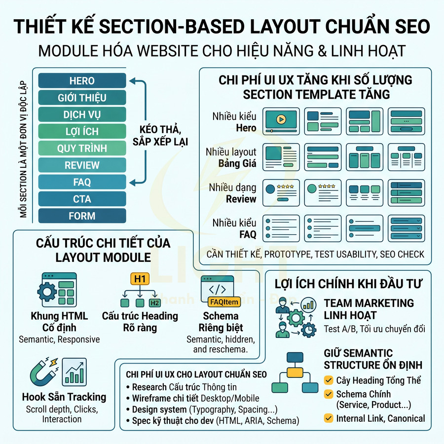 Thiết kế section based layout chuẩn SEO cho website với module kéo thả linh hoạt và cấu trúc heading rõ ràng