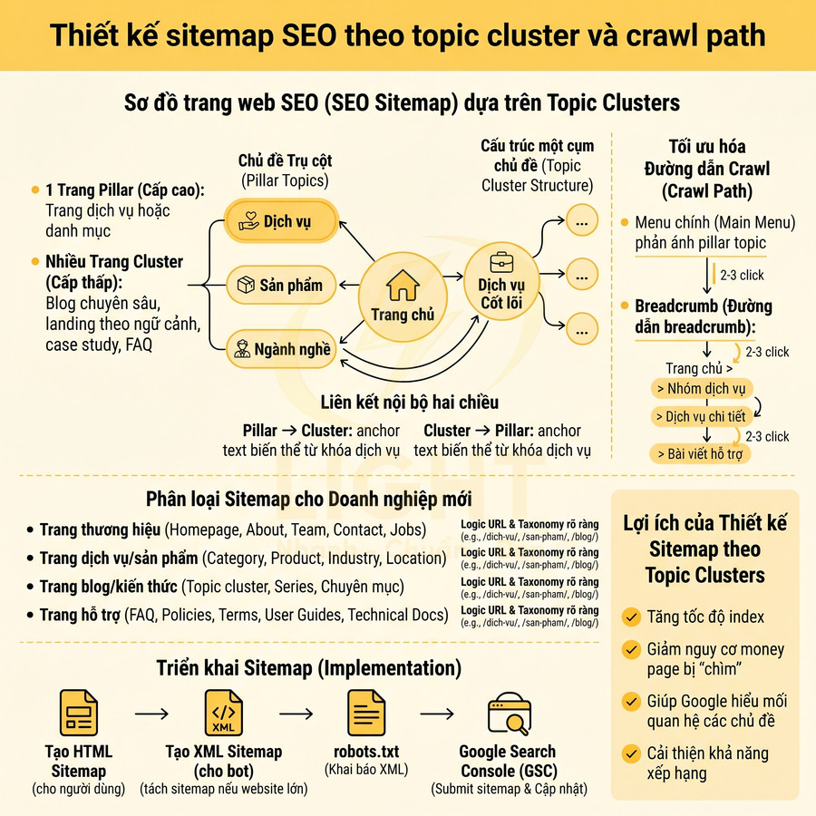 Thiết kế sitemap SEO theo topic cluster và crawl path với sơ đồ cấu trúc trang web và lợi ích triển khai