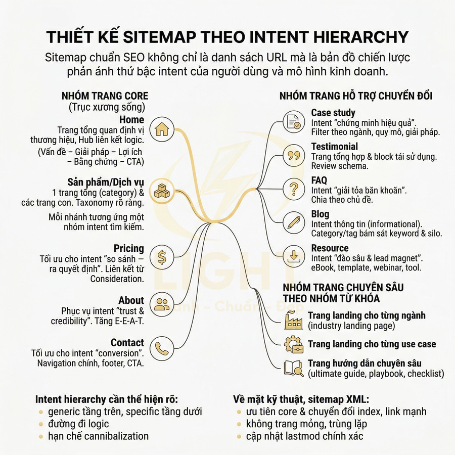 Thiết kế sitemap theo intent hierarchy với nhóm trang core, hỗ trợ chuyển đổi và trang chuyên sâu cho SEO