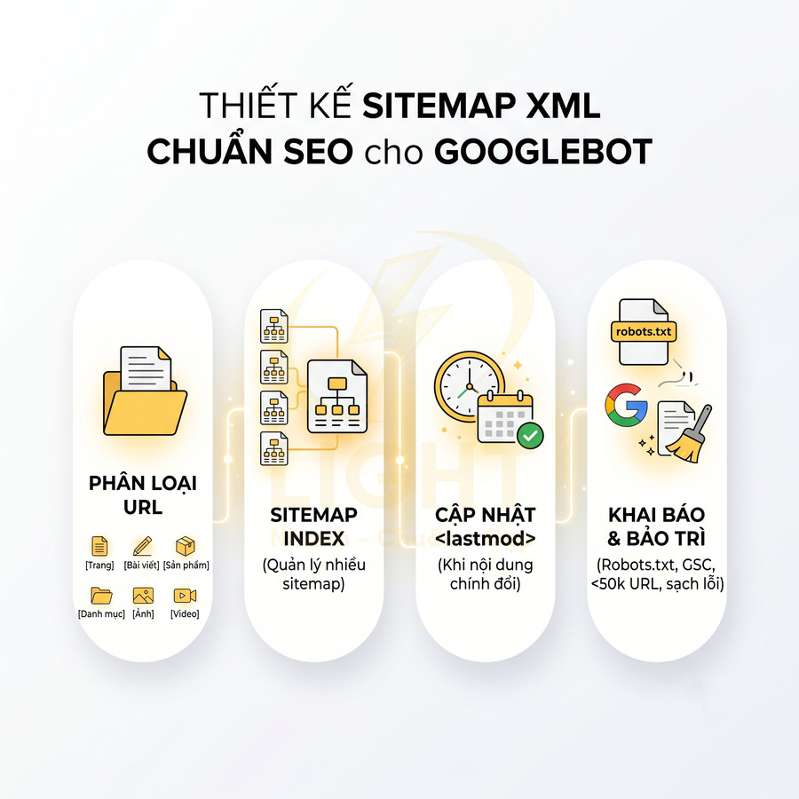 Thiết kế sitemap XML chuẩn SEO cho Googlebot với phân loại URL, sitemap index, cập nhật lastmod và khai báo bảo trì