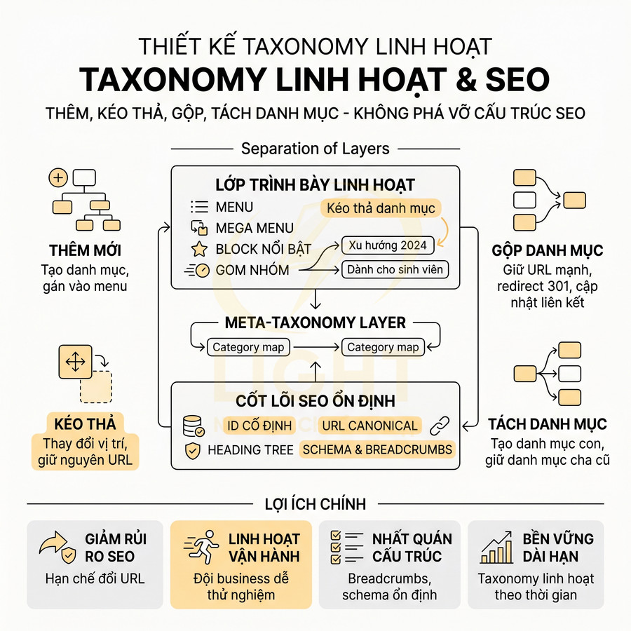 Infographic thiết kế taxonomy linh hoạt và SEO với các lớp menu, meta taxonomy, cốt lõi SEO và lợi ích chính