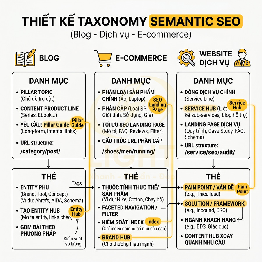 Sơ đồ thiết kế taxonomy semantic SEO cho blog, e-commerce và website dịch vụ với danh mục và thẻ chi tiết
