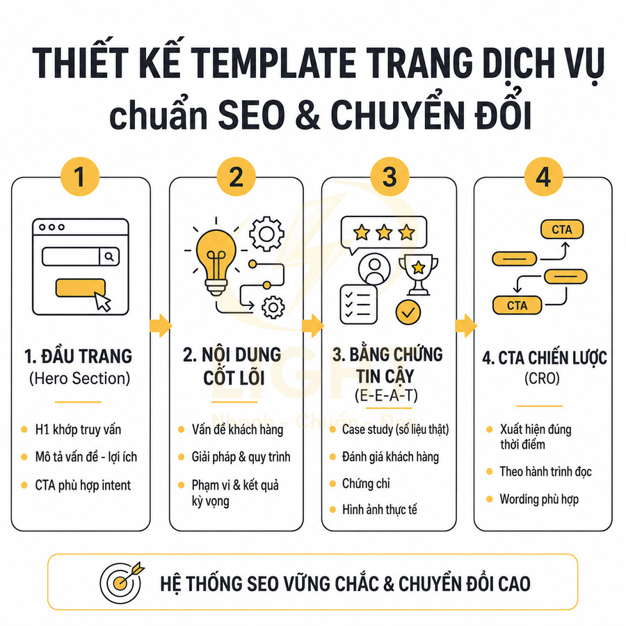 Template thiết kế trang dịch vụ chuẩn SEO và chuyển đổi với 4 bước nội dung và CTA chiến lược