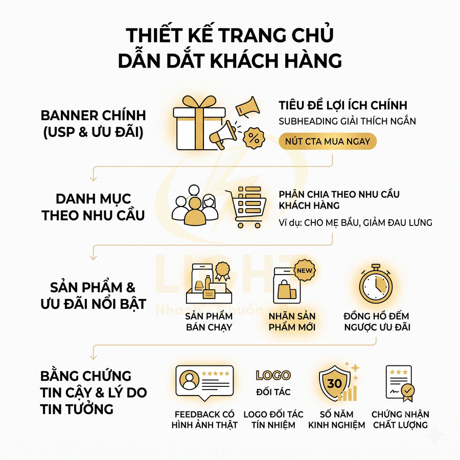 Thiết kế trang chủ website bán hàng với banner ưu đãi, danh mục nhu cầu, sản phẩm nổi bật và bằng chứng tin cậy