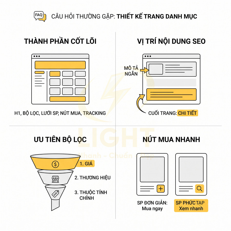 Hướng dẫn thiết kế trang danh mục với thành phần cốt lõi, vị trí nội dung SEO, ưu tiên bộ lọc và nút mua nhanh