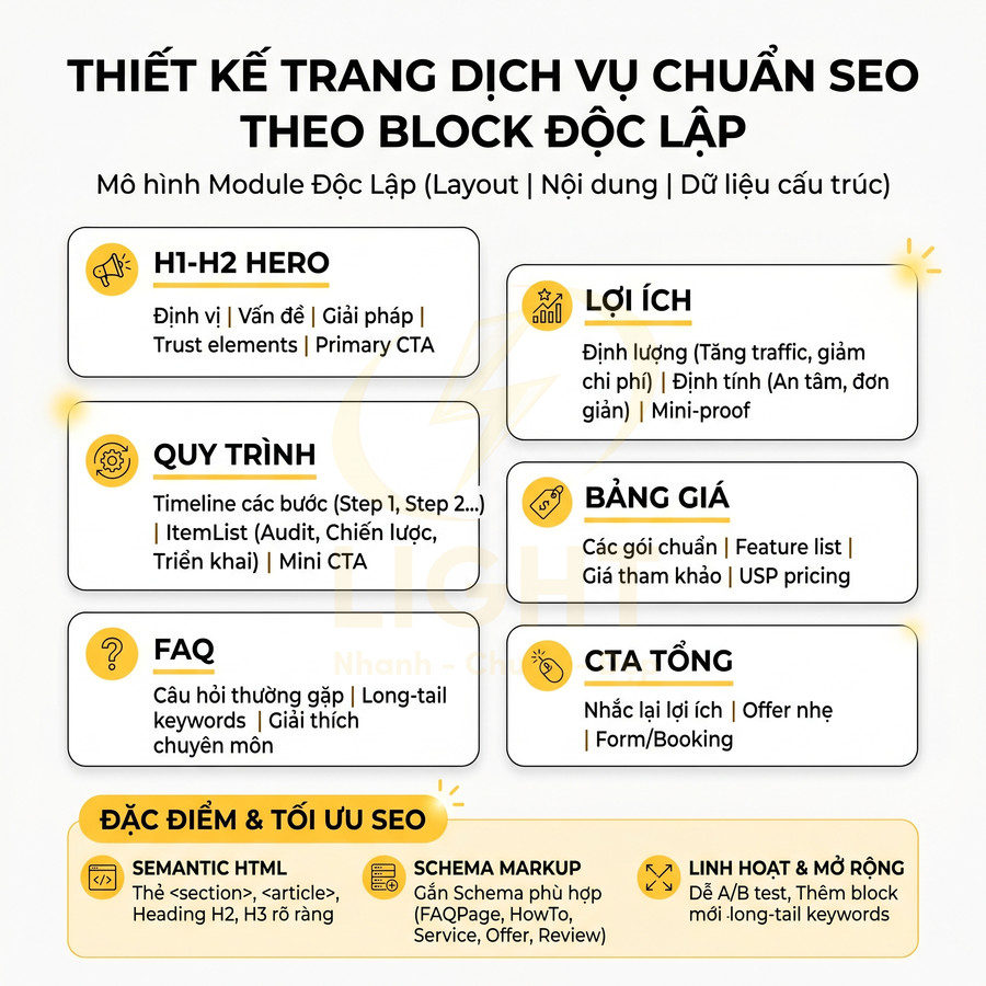 Mô hình thiết kế trang dịch vụ chuẩn SEO theo block độc lập với các phần hero, lợi ích, quy trình, bảng giá, FAQ, CTA