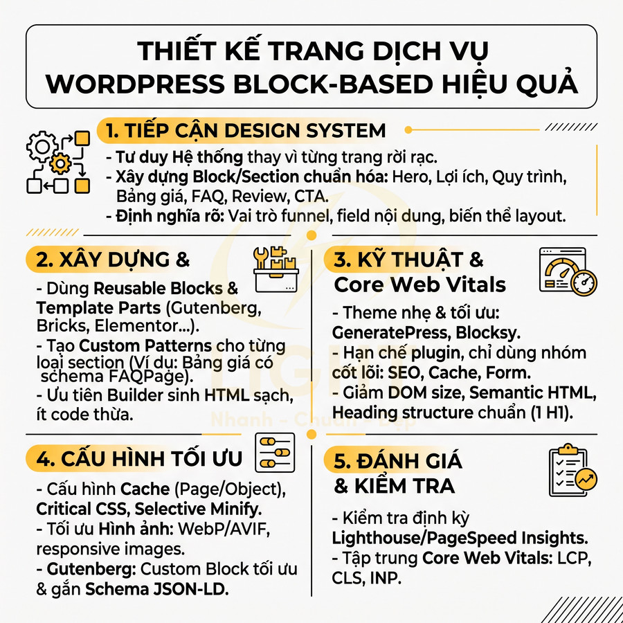 Checklist thiết kế trang dịch vụ WordPress block based hiệu quả với 5 bước tối ưu SEO và Core Web Vitals