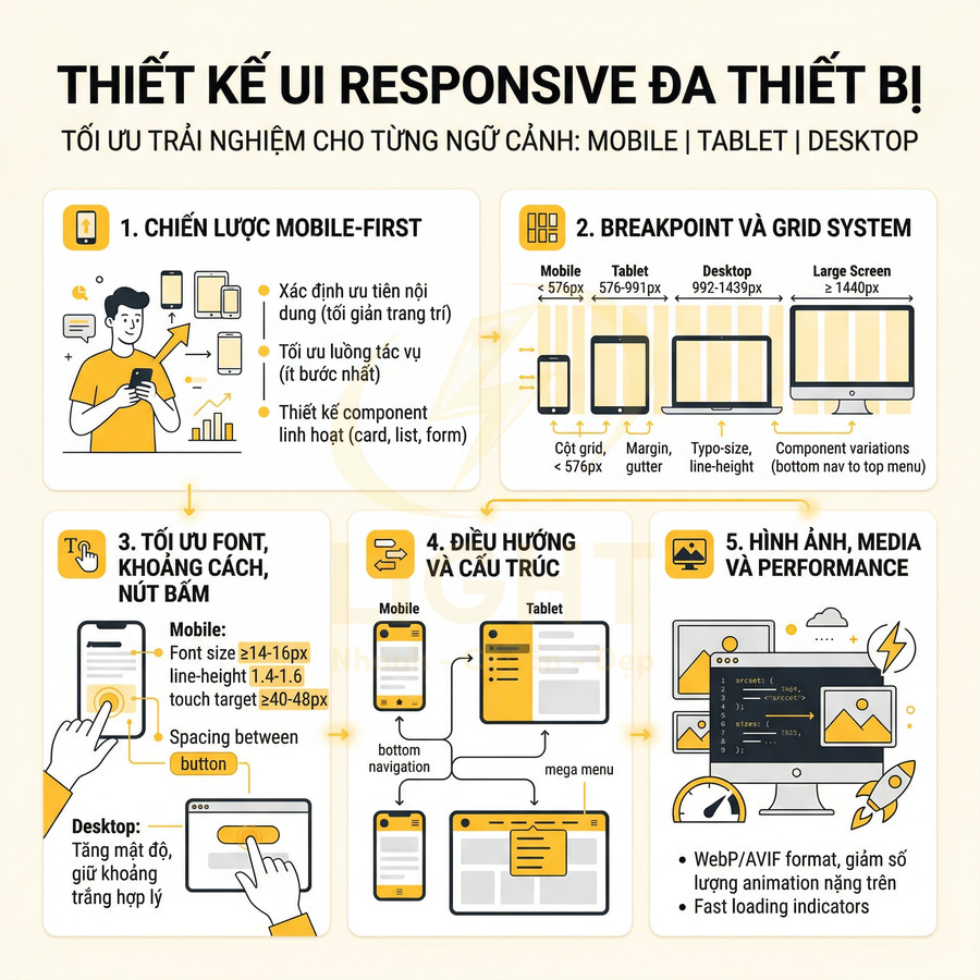 Infographic hướng dẫn thiết kế UI responsive đa thiết bị cho mobile, tablet và desktop