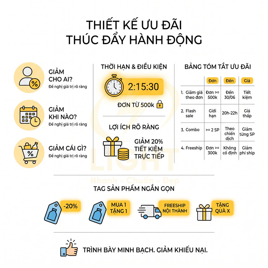 Infographic hướng dẫn thiết kế ưu đãi khuyến mãi với thời hạn, điều kiện, lợi ích và tag giảm giá sản phẩm