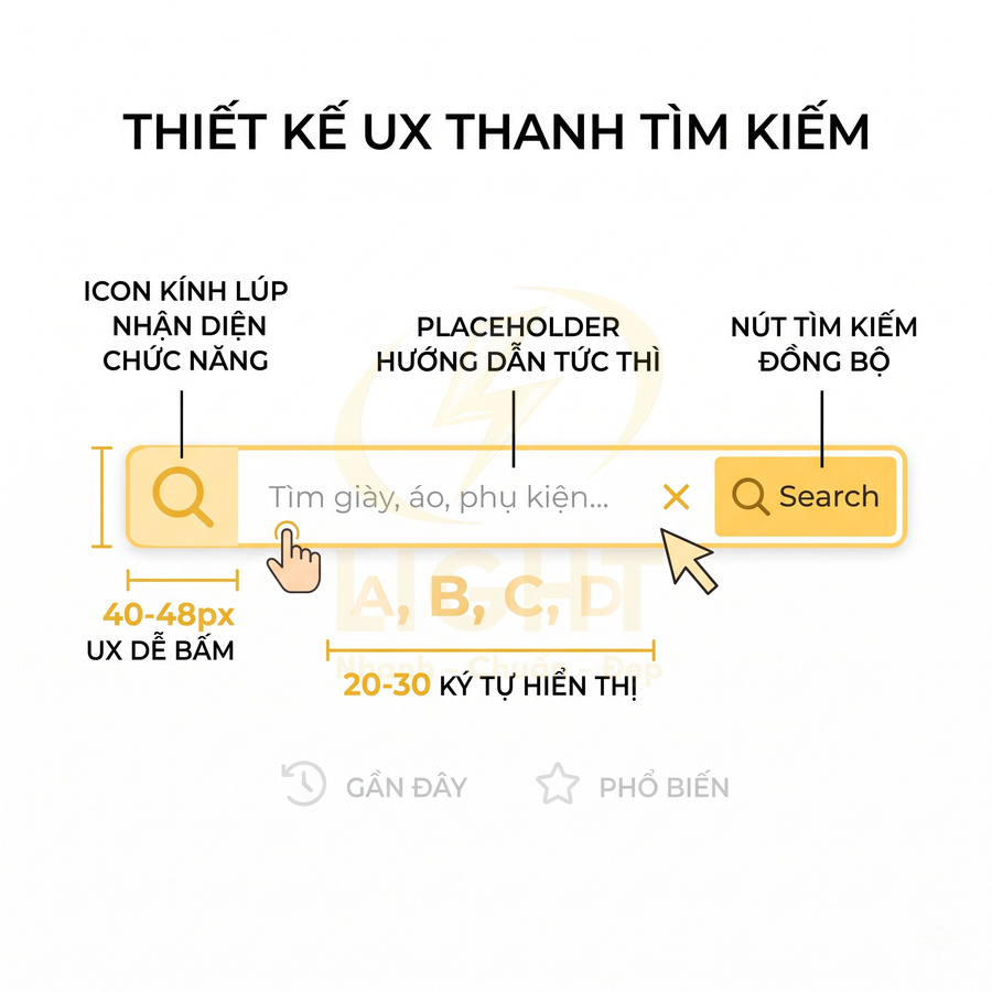 Thiết kế UX thanh tìm kiếm với icon kính lúp, placeholder gợi ý và nút Search màu vàng nổi bật