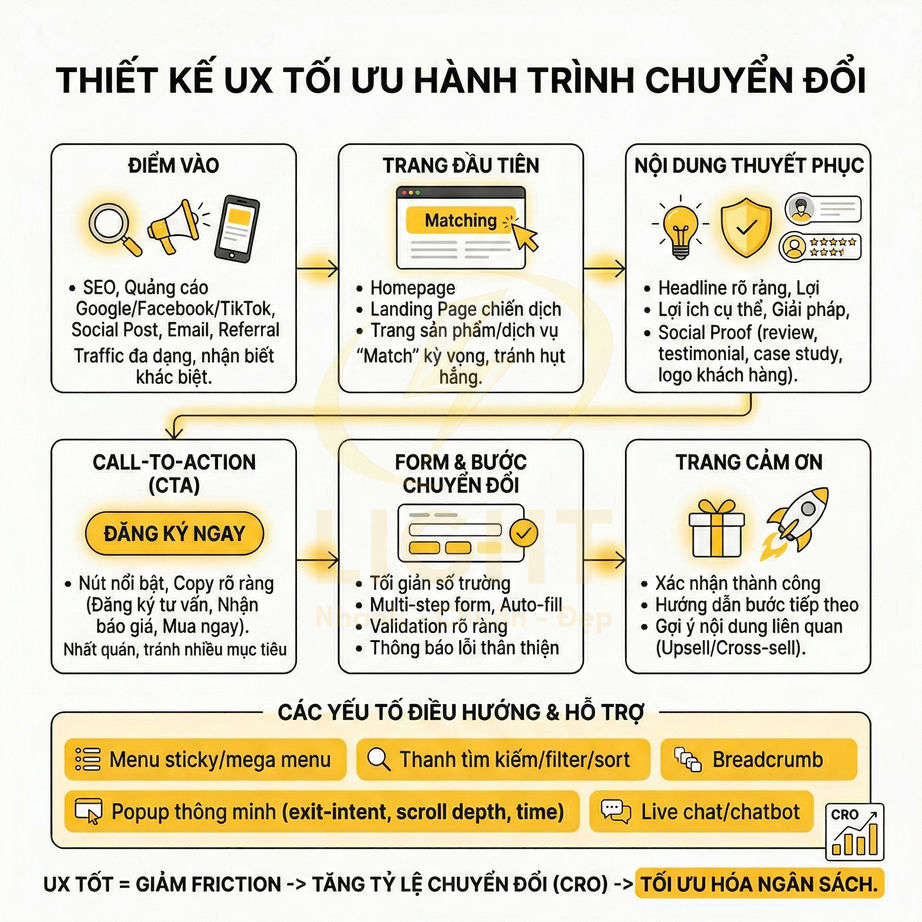 Sơ đồ thiết kế UX tối ưu hành trình chuyển đổi với các bước điểm vào, trang đầu tiên, CTA, form và trang cảm ơn