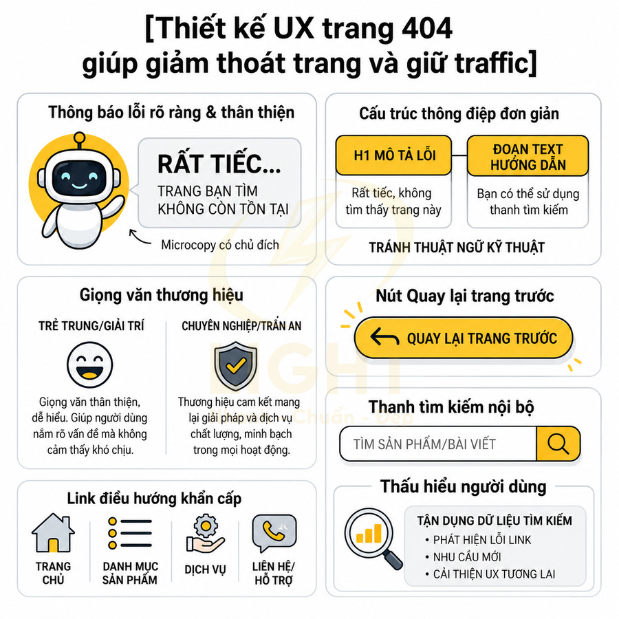 Infographic hướng dẫn thiết kế UX trang 404 thân thiện với người dùng để giảm thoát trang và giữ traffic