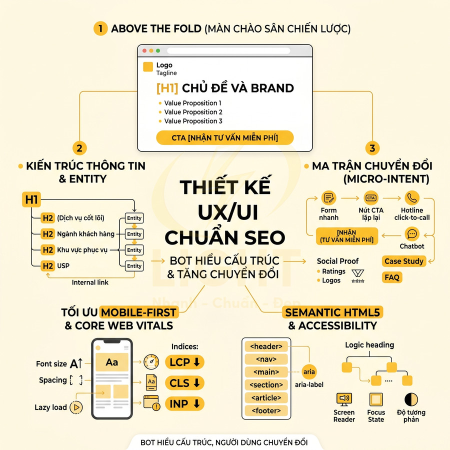 Infographic hướng dẫn thiết kế UX UI chuẩn SEO với cấu trúc trang, mobile first, semantic HTML5 và ma trận chuyển đổi