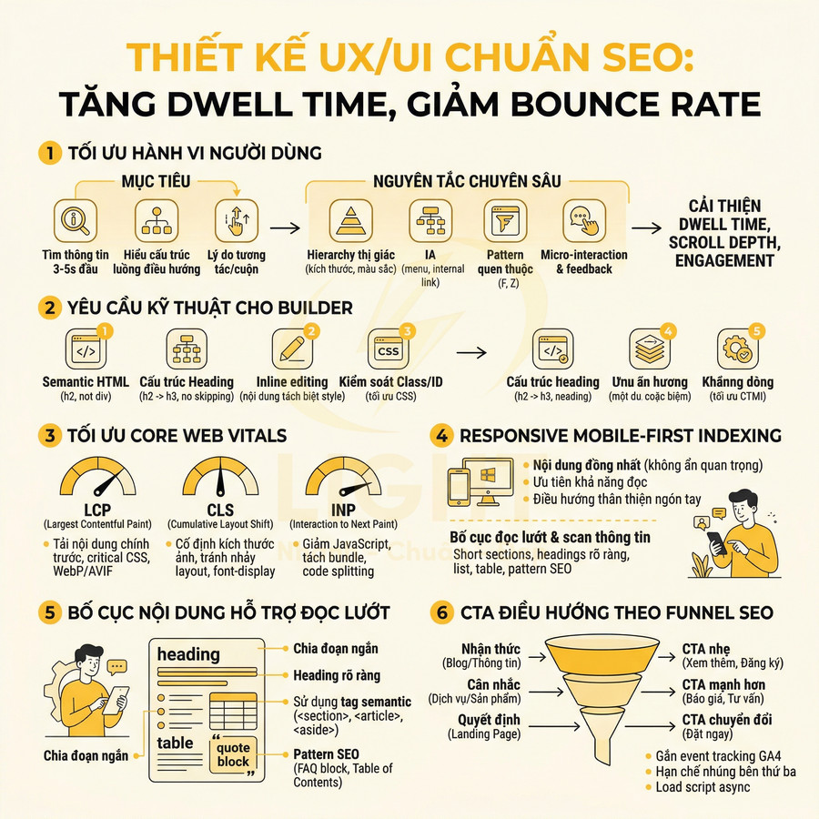 Infographic hướng dẫn thiết kế UX UI chuẩn SEO để tăng dwell time và giảm bounce rate trên website