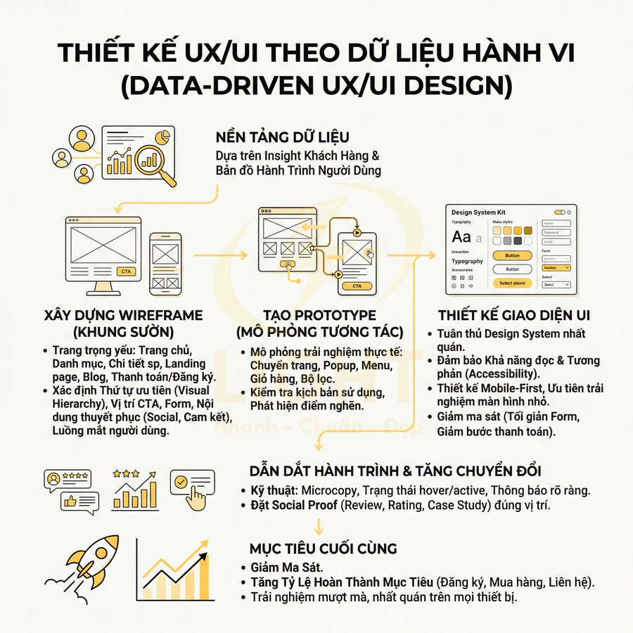Infographic quy trình thiết kế UX UI theo dữ liệu hành vi với các bước wireframe prototype thiết kế giao diện và tối ưu chuyển đổi