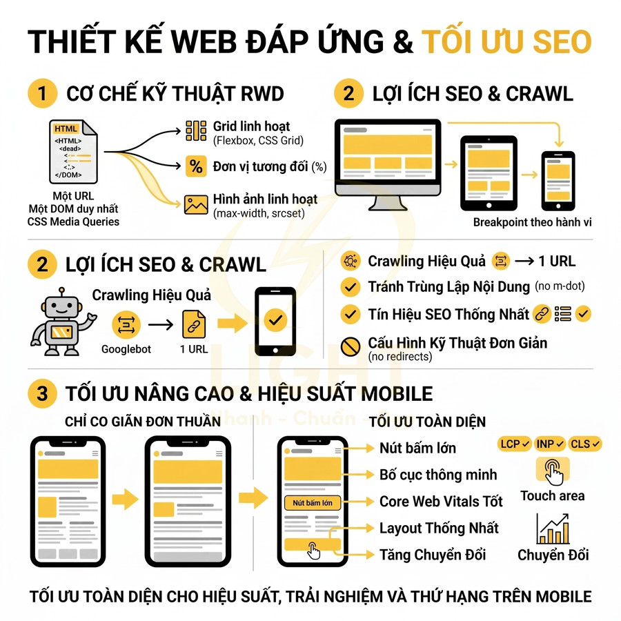 Infographic thiết kế web đáp ứng tối ưu SEO, lợi ích crawl Googlebot và cải thiện hiệu suất trải nghiệm mobile
