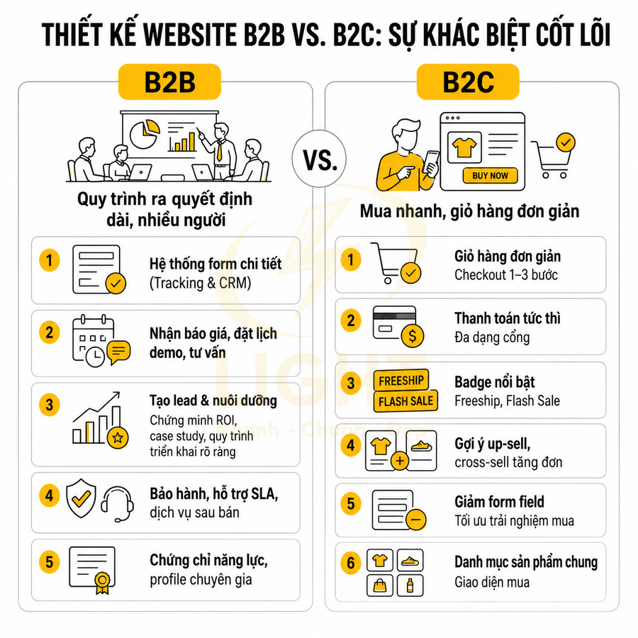 So sánh thiết kế website B2B và B2C với các bước quy trình mua hàng và tối ưu trải nghiệm khách hàng