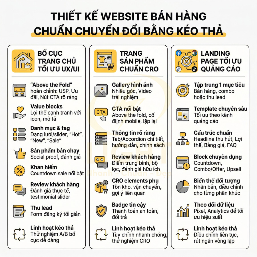 Infographic hướng dẫn thiết kế website bán hàng chuẩn chuyển đổi với bố cục trang chủ, trang sản phẩm và landing page