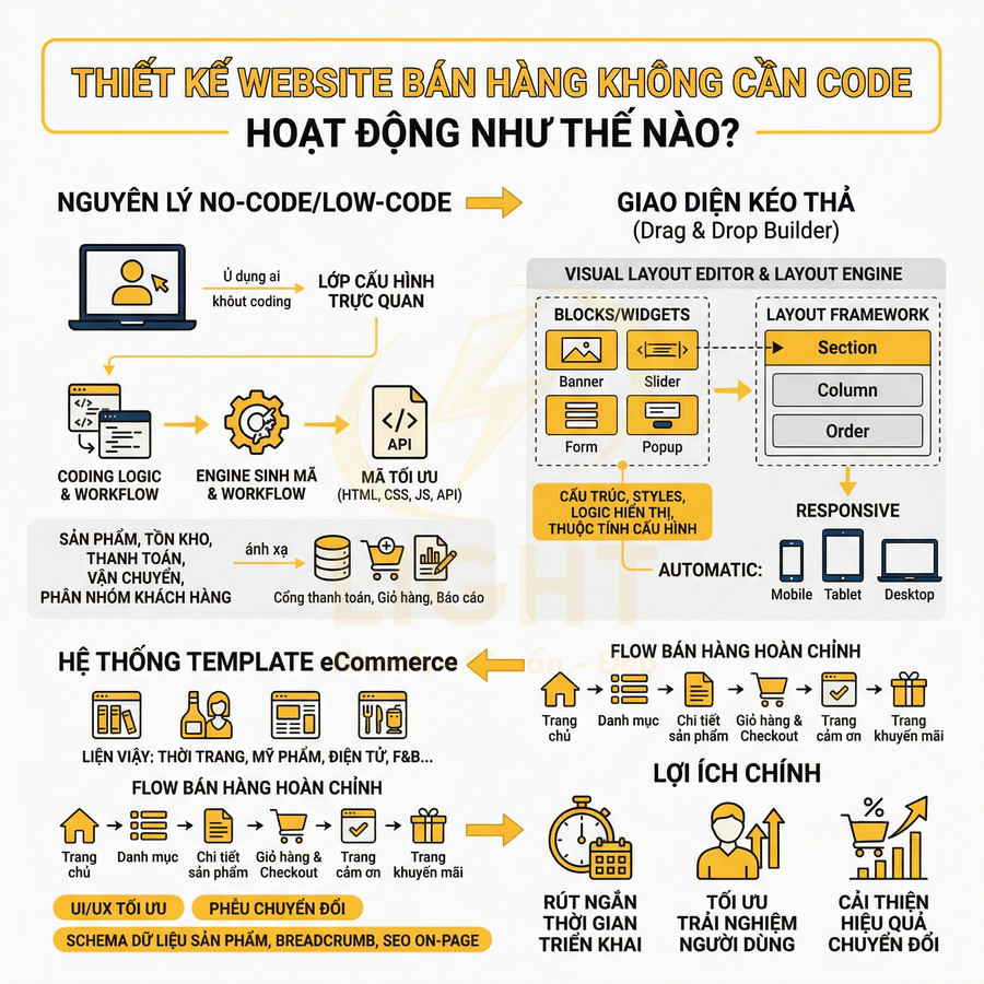 Infographic quy trình thiết kế website bán hàng no code với giao diện kéo thả và hệ thống template eCommerce