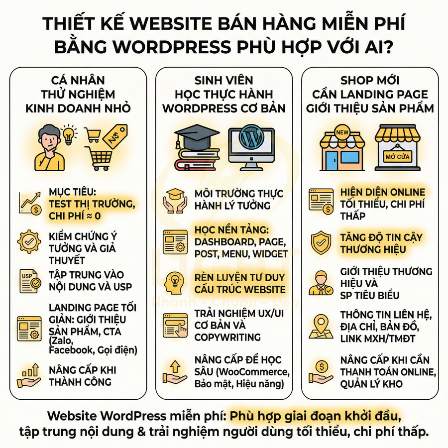 Infographic giới thiệu lợi ích thiết kế website bán hàng miễn phí bằng WordPress cho cá nhân, sinh viên và shop nhỏ