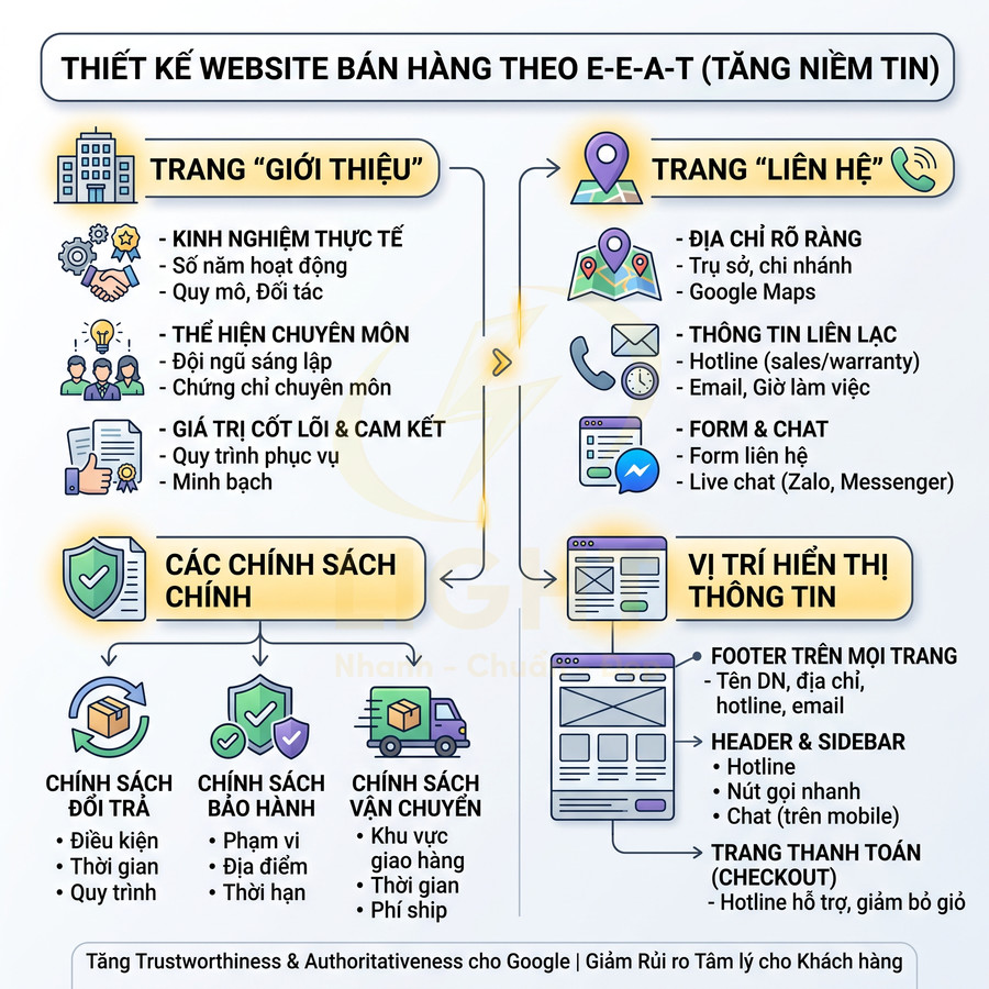 Hướng dẫn thiết kế website bán hàng chuẩn E-E-A-T với trang giới thiệu, liên hệ và các chính sách chính