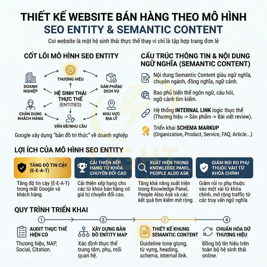 Infographic hướng dẫn thiết kế website bán hàng theo mô hình SEO Entity và Semantic Content, quy trình triển khai và lợi ích chi tiết
