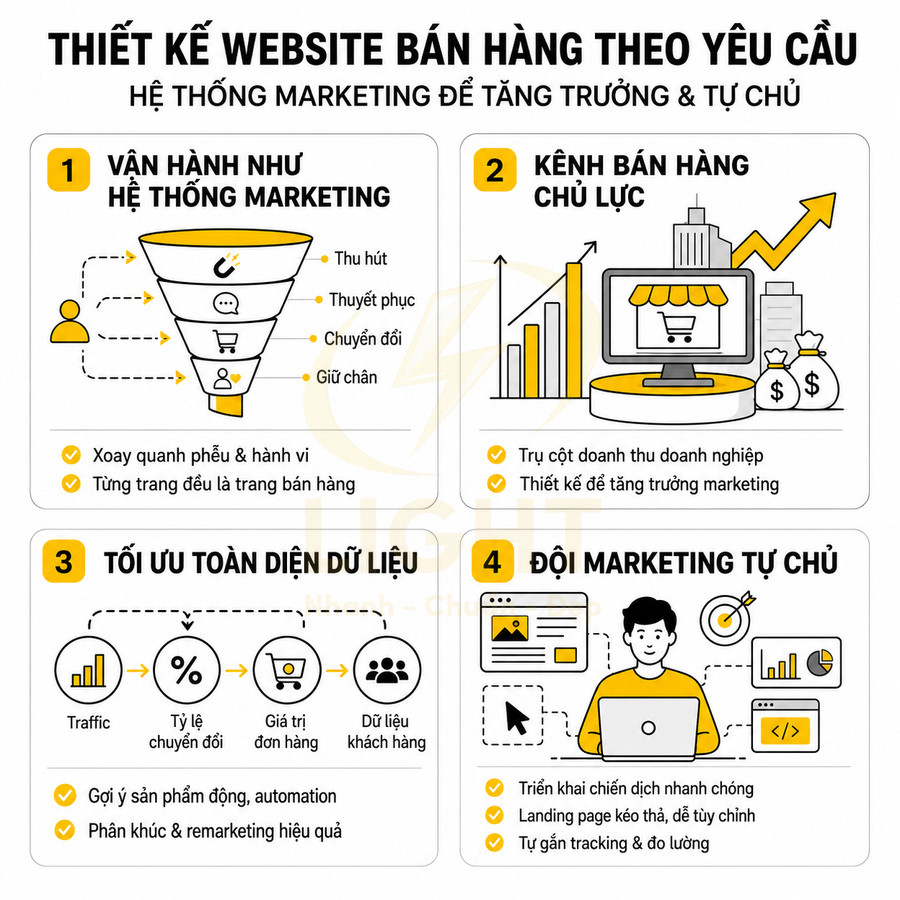 Thiết kế website bán hàng theo yêu cầu với hệ thống marketing, tối ưu dữ liệu và kênh bán hàng chủ lực