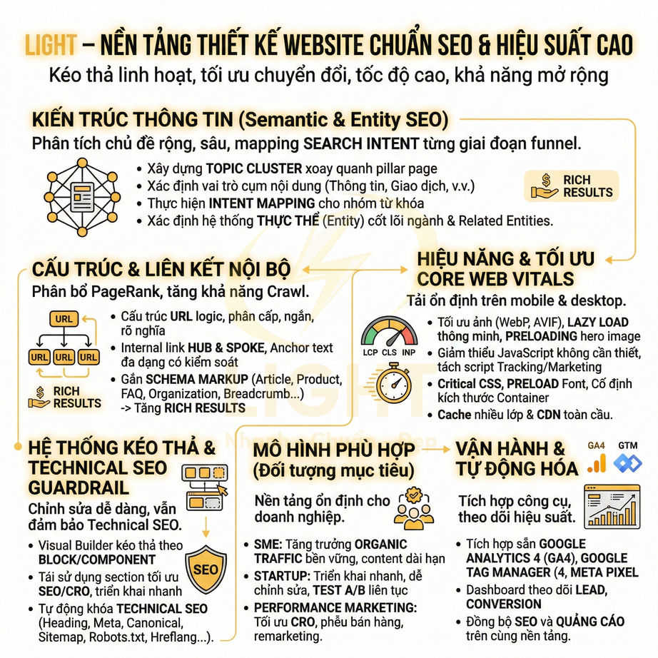 Infographic nền tảng thiết kế website chuẩn SEO và hiệu suất cao với các mục kiến trúc thông tin, cấu trúc, kỹ thuật và vận hành