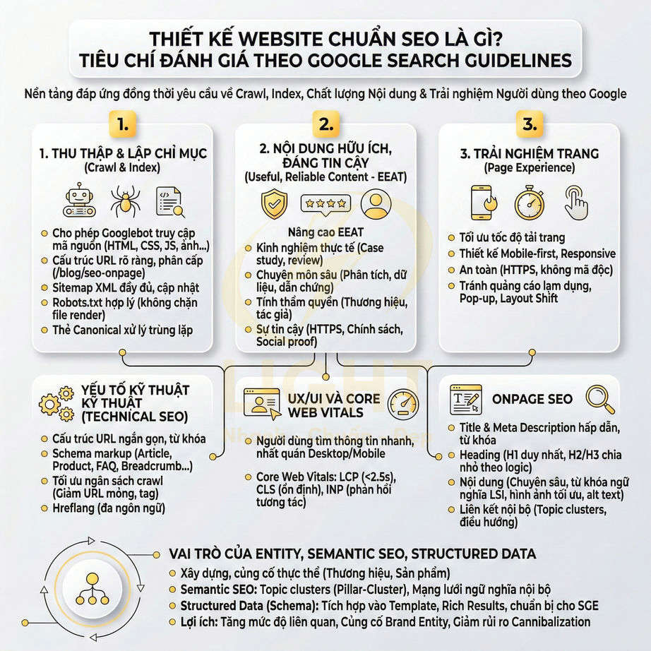 Thiết kế website chuẩn SEO theo Google Search Guidelines với các tiêu chí kỹ thuật, nội dung, trải nghiệm trang