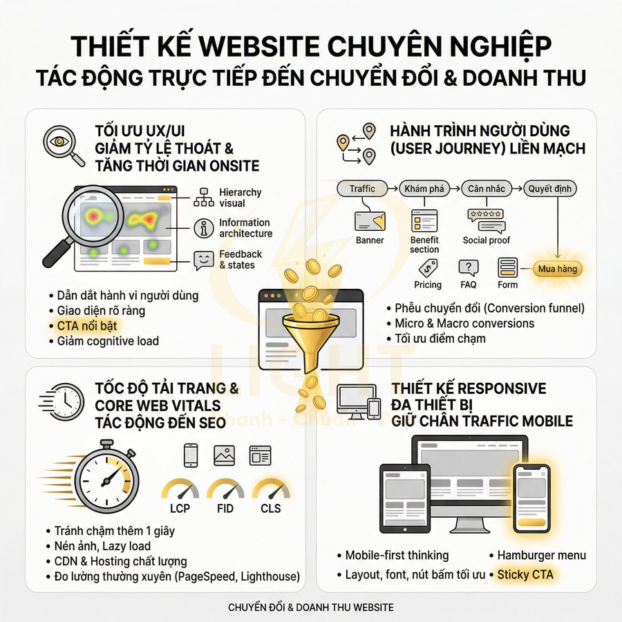Infographic về thiết kế website chuyên nghiệp tối ưu UX UI, tốc độ tải trang, responsive và hành trình người dùng tăng chuyển đổi