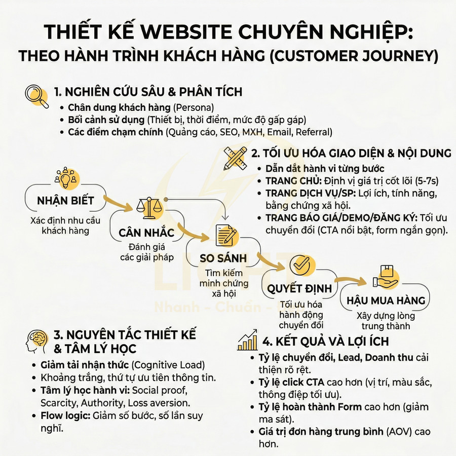 Infographic quy trình thiết kế website chuyên nghiệp theo hành trình khách hàng và các bước tối ưu chuyển đổi