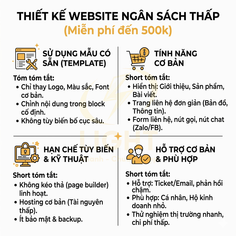 Thiết kế website ngân sách thấp miễn phí đến 500k với template sẵn, tính năng cơ bản và hỗ trợ cho cá nhân, hộ kinh doanh