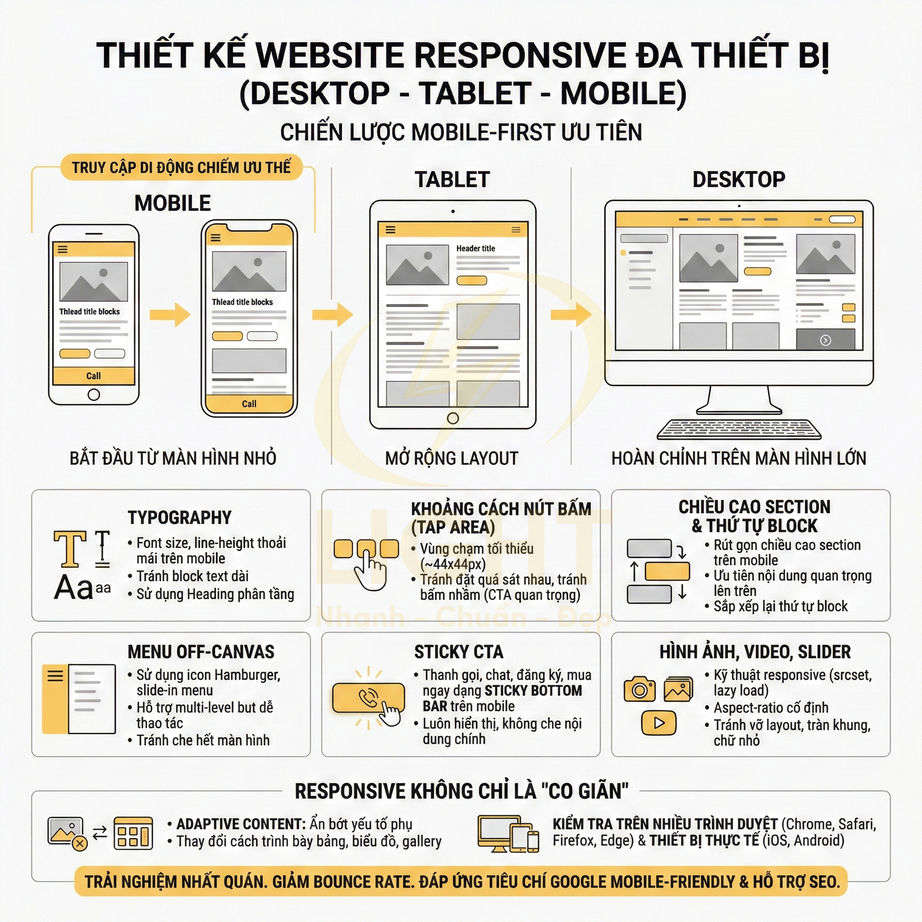 Infographic hướng dẫn thiết kế website responsive đa thiết bị desktop tablet mobile theo chiến lược mobile first