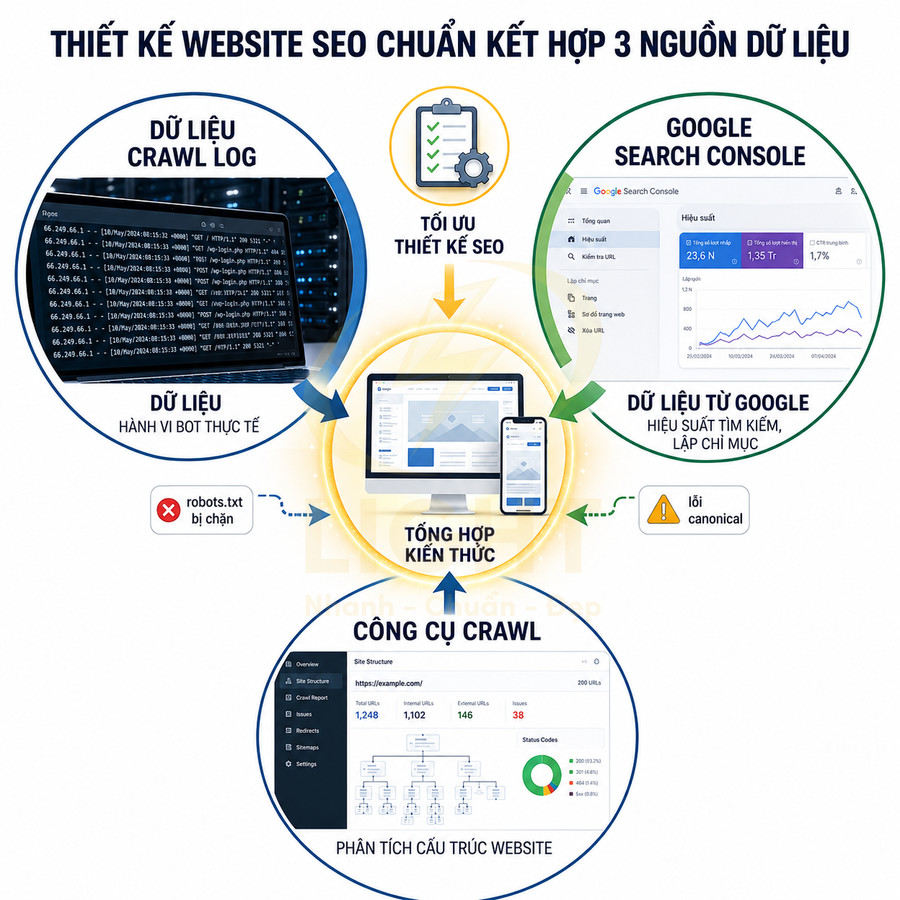 Mô hình thiết kế website chuẩn SEO kết hợp dữ liệu crawl log, Google Search Console và công cụ crawl