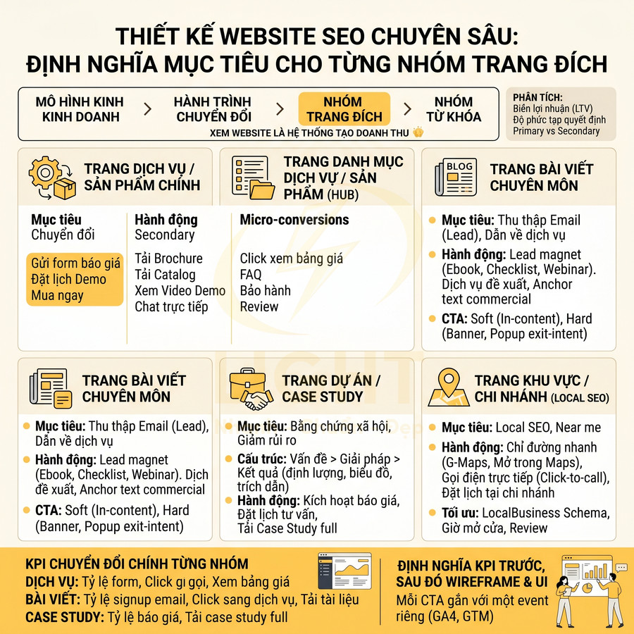 Thiết kế website SEO chuyên sâu với các nhóm trang đích và mục tiêu chuyển đổi chi tiết bằng tiếng Việt