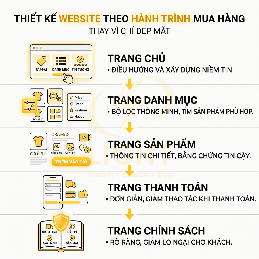 Thiết kế website bán hàng theo hành trình mua sắm gồm trang chủ, danh mục, sản phẩm, thanh toán và chính sách