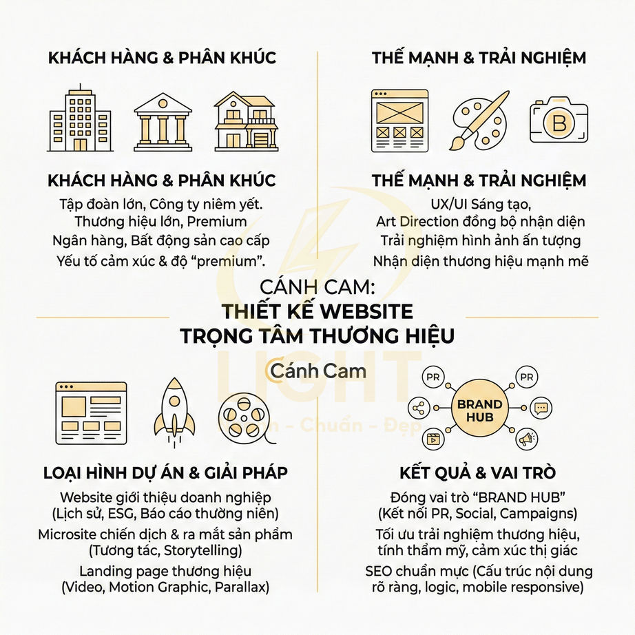 Infographic giới thiệu dịch vụ thiết kế website trọng tâm thương hiệu của Cánh Cam