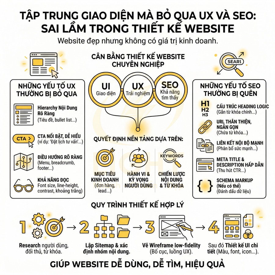 Infographic về sai lầm tập trung giao diện mà bỏ qua UX và SEO trong thiết kế website