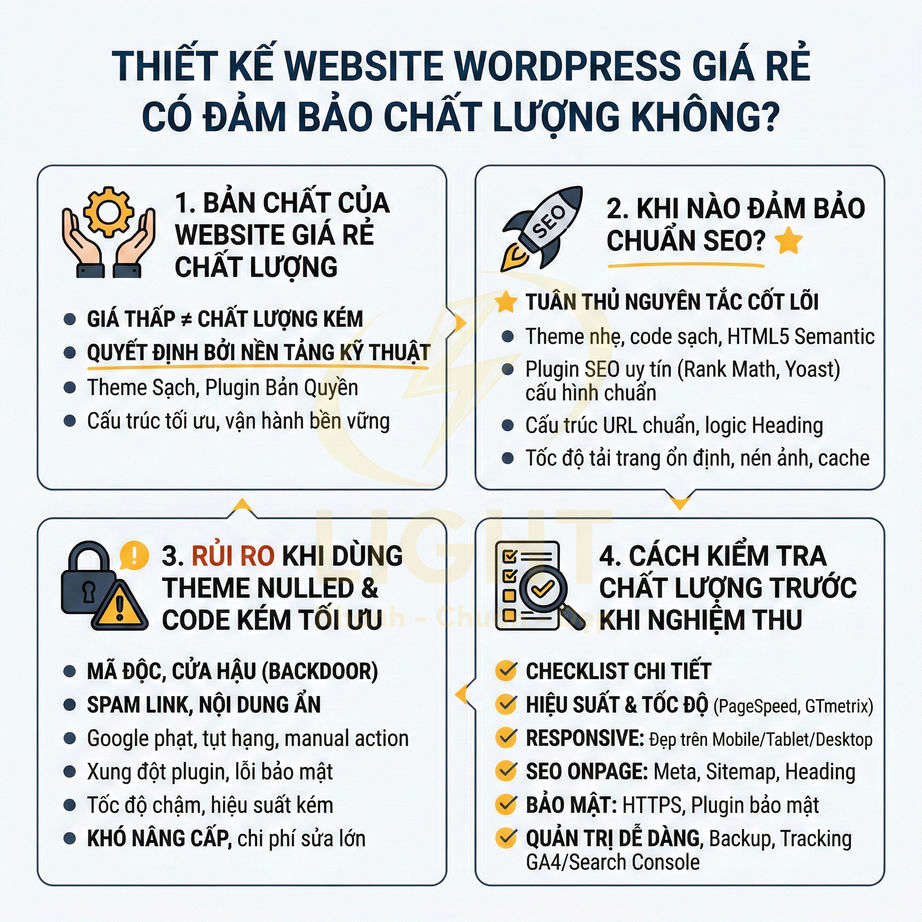 Thiết kế website WordPress giá rẻ với checklist kiểm tra chất lượng, chuẩn SEO và cảnh báo rủi ro theme nulled