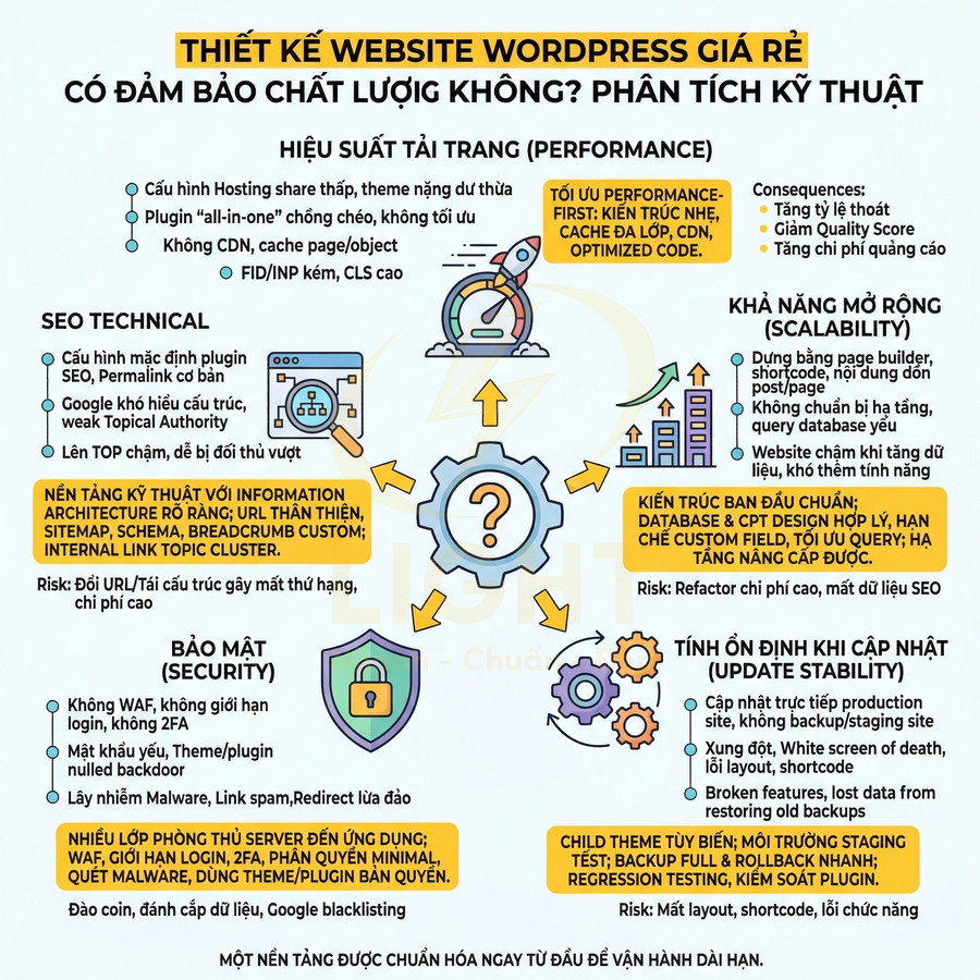 Infographic phân tích kỹ thuật thiết kế website WordPress giá rẻ về hiệu suất, SEO, bảo mật và khả năng mở rộng