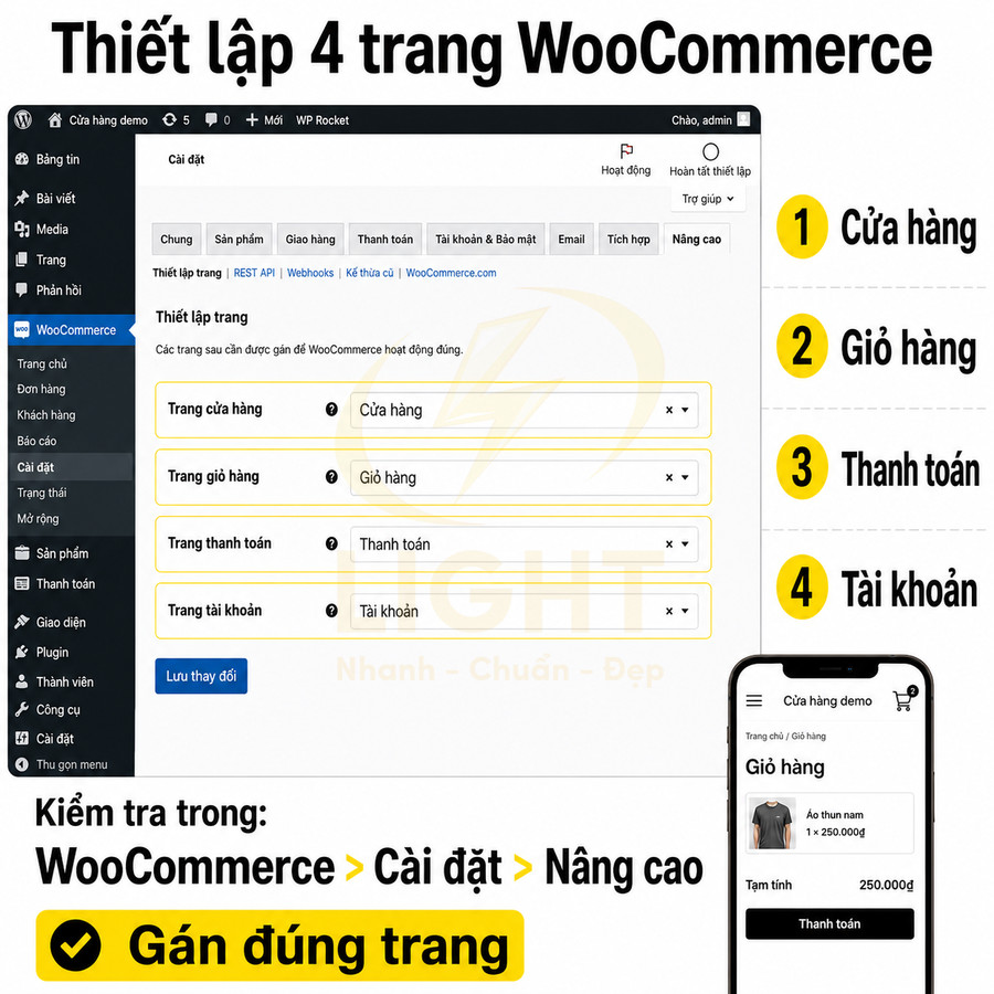 Hướng dẫn thiết lập 4 trang cửa hàng giỏ hàng thanh toán tài khoản trong WooCommerce trên WordPress