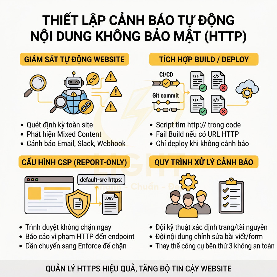 Infographic thiết lập cảnh báo tự động nội dung HTTP không bảo mật để quản lý HTTPS và tăng độ tin cậy website